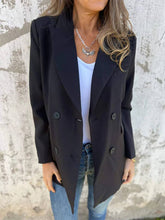Aurohaya Double-Breasted Solid Blazer for Women Long-Sleeve with Pockets, Elegant Casual Autumn Jacket